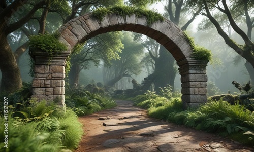 Stone arch covered in moss and overgrown vegetation with metal details, architectural feature, metal accents, structural element photo