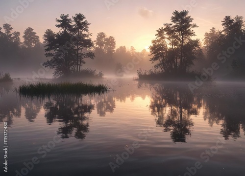 Wallpaper Mural Shimmering ripples on a pond at dawn breaking through the fog, soft focus, dawn Torontodigital.ca