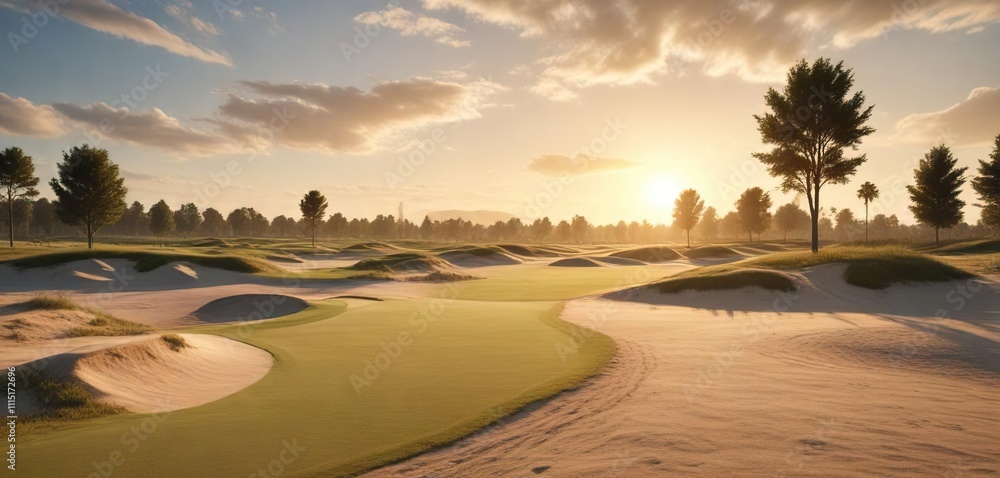 Naklejka premium Backlit golf fairway with bunkers and sand traps, landscape, daylight, backlit fairway