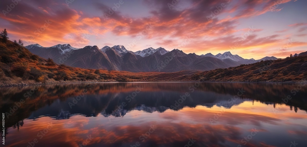 The vibrant colors of a sunset reflected on the calm waters of a lake in the midst of the Andes mountains, reflection, natural scenery The vibrant colors of a sunset reflected on the calm waters of a lake in the midst of the Andes mountains, reflection, natural scenery