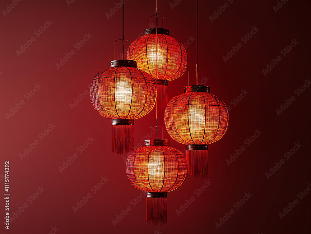 Obraz premium Glowing red traditional Chinese lanterns and lamps for celebration. Traditional Chinese red colored lanterns. 