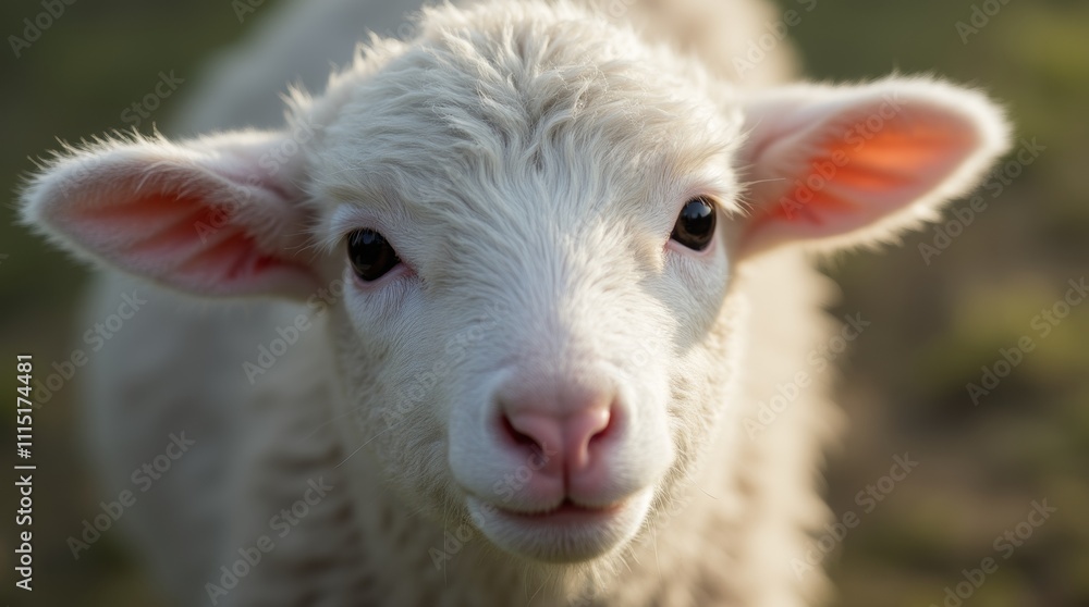 Fototapeta premium close-up of a lamb's face with big, expressive eyes and soft fur, highlighting its adorable features and the innocence of young animals