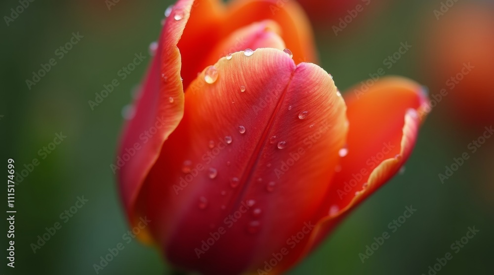 A close-up of a single tulip with dew drops on its petals, highlighting the delicate texture and vibrant color that symbolizes the arrival of spring