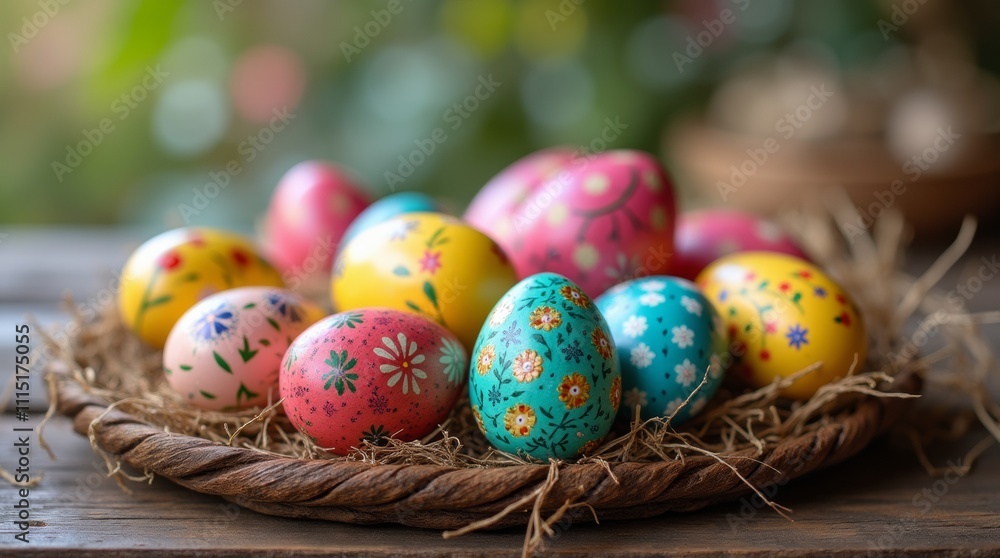 Fototapeta premium decorated Easter eggs displayed on a rustic wooden table, showcasing intricate designs and vibrant patterns, perfect for the holiday celebration