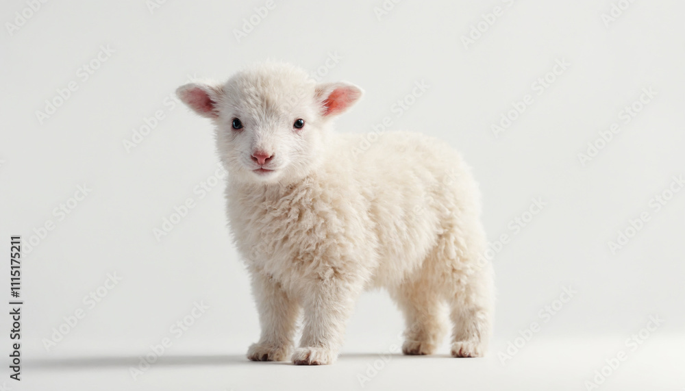 Fototapeta premium Cute fluffy lamb standing on a white background looking at the camera