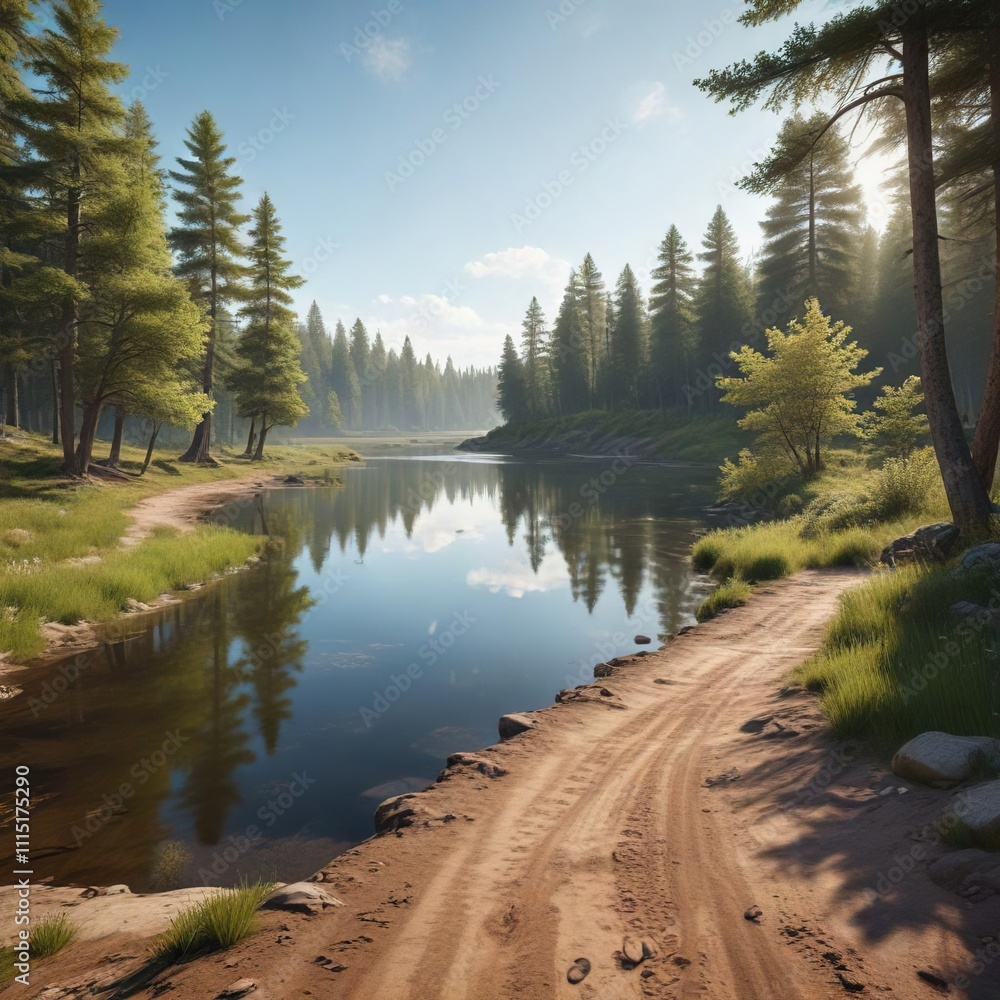 Dirt road leads to a secluded lake amidst the woods, natural, road, trees Dirt road leads to a secluded lake amidst the woods, natural, road, trees