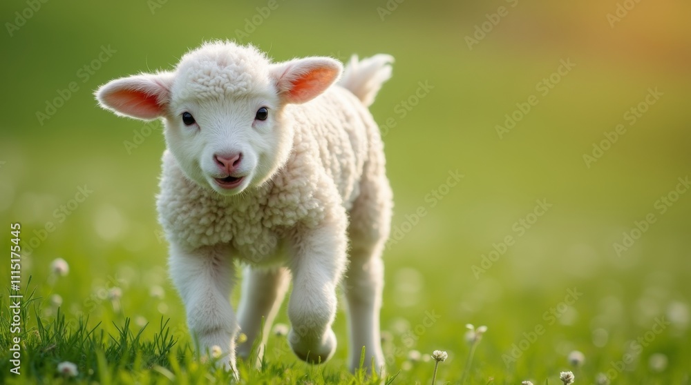 Fototapeta premium A cute lamb frolicking in a green meadow, showcasing its fluffy wool and playful nature