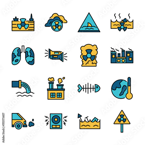 Filled Line Art Icon Set of Global Warming Factory Waste Pollution Nature World