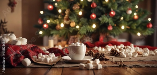 Wallpaper Mural Cozy winter afternoon scene with a steaming cup of coffee and marshmallows beside a beautifully decorated Christmas tree, Christmas tree, festive decorations, marshmallows Torontodigital.ca
