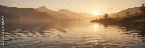 Wallpaper Mural Abstract landscape featuring gentle water waves that softly caress the shore of a serene lake amidst rolling hills and a warm golden light, abstract art, warm golden light, gentle water waves Torontodigital.ca