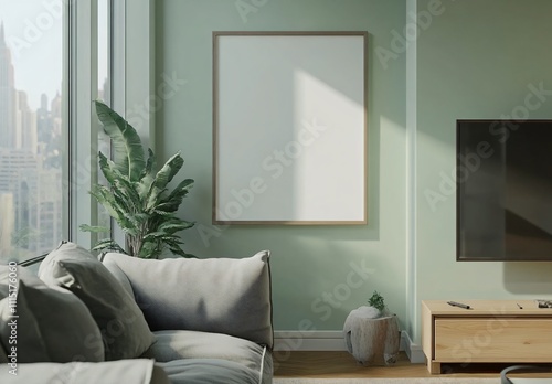 A green-themed living room with a blank decorative frame hanging in the center, creating a serene and minimalist atmosphere, perfect for modern home interior design and decoration.