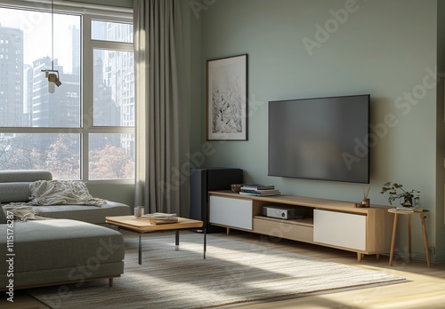 A green-themed living room with a blank decorative frame hanging in the center, creating a serene and minimalist atmosphere, perfect for modern home interior design and decoration.