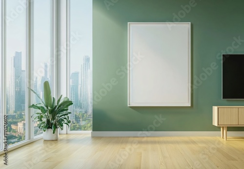 A green-themed living room with a blank decorative frame hanging in the center, creating a serene and minimalist atmosphere, perfect for modern home interior design and decoration.