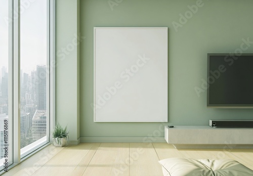 A green-themed living room with a blank decorative frame hanging in the center, creating a serene and minimalist atmosphere, perfect for modern home interior design and decoration.