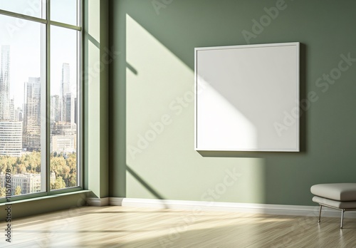 A green-themed living room with a blank decorative frame hanging in the center, creating a serene and minimalist atmosphere, perfect for modern home interior design and decoration.