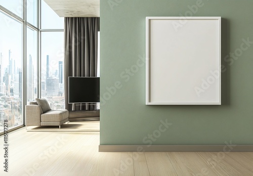 A green-themed living room with a blank decorative frame hanging in the center, creating a serene and minimalist atmosphere, perfect for modern home interior design and decoration.