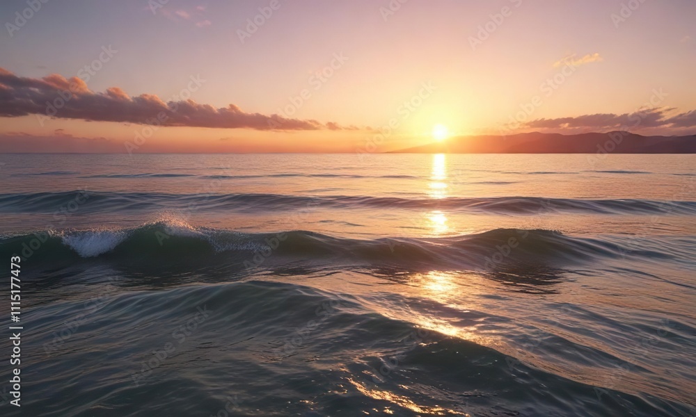 Fototapeta premium Softly glowing sunset over calm ocean waters with minimal wave movement, gradient colors, ocean