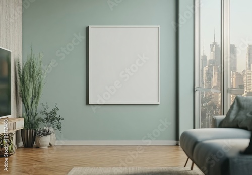 A green-themed living room with a blank decorative frame hanging in the center, creating a serene and minimalist atmosphere, perfect for modern home interior design and decoration.
