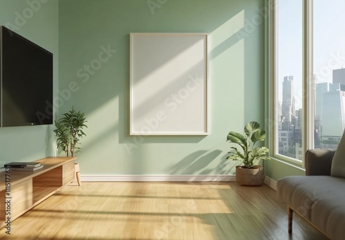 A green-themed living room with a blank decorative frame hanging in the center, creating a serene and minimalist atmosphere, perfect for modern home interior design and decoration.