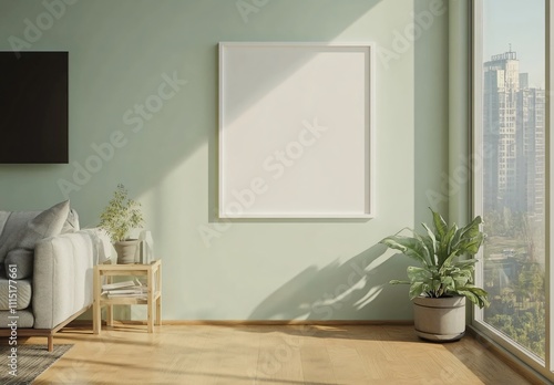 A green-themed living room with a blank decorative frame hanging in the center, creating a serene and minimalist atmosphere, perfect for modern home interior design and decoration.