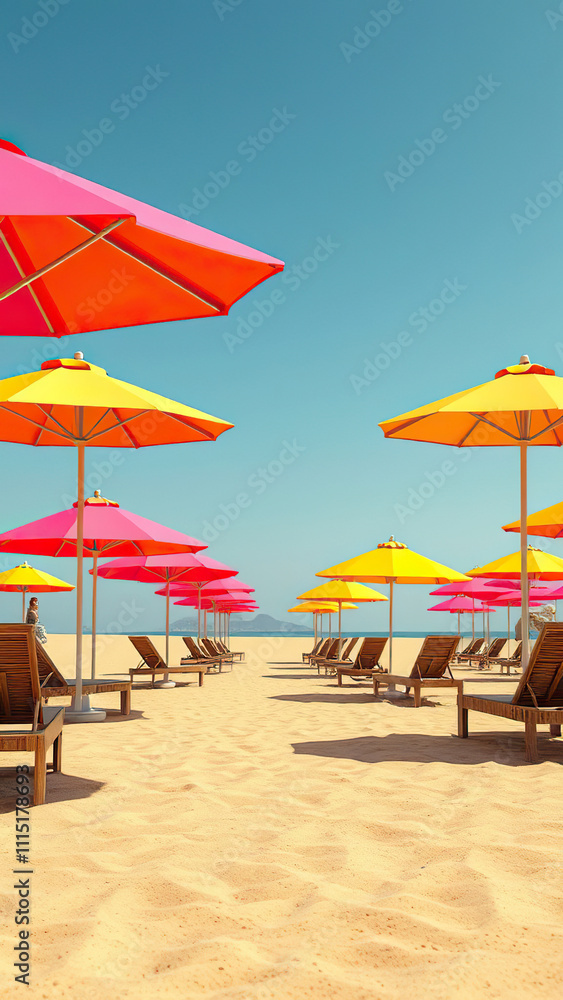 Fototapeta premium Colorful beach umbrellas and lounge chairs scattered along a sandy beach, lounge chair, relaxation, vacation, sand, colorful