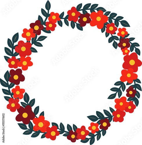 Red florwer with bunch of leaves wreath frame for decoration on romance, wedding and Chinese new year.
