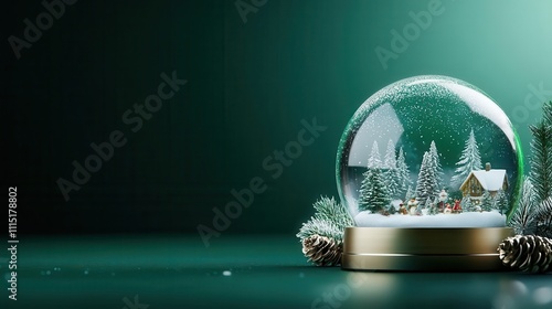 Snow globe with a snowy winter village scene on a green background.
