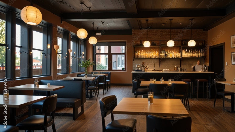 Stylish interior of a modern restaurant with a bar area. Stylish interior of a modern restaurant with a bar area.