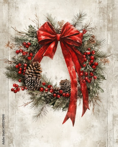 Festive Christmas Wreath with Red Bow