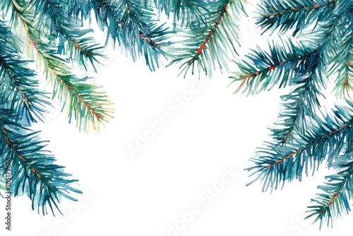 Watercolor Pine Tree Branches Frame on isolated white background