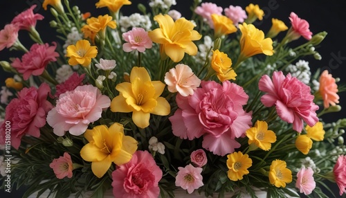 Blooms of freesia and carnation flowers in a stunning arrangement, spring bouquet, carnations, home decor