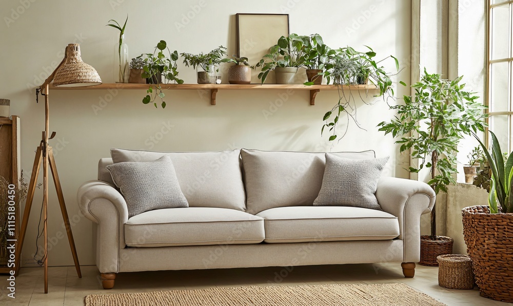 Fototapeta premium A cozy and inviting sofa placed in a warm living room, creating a comfortable and relaxing atmosphere for family gatherings or personal relaxation.
