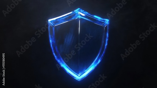 3D holographic shield symbol, electric blue, highly detailed, floating on black background,