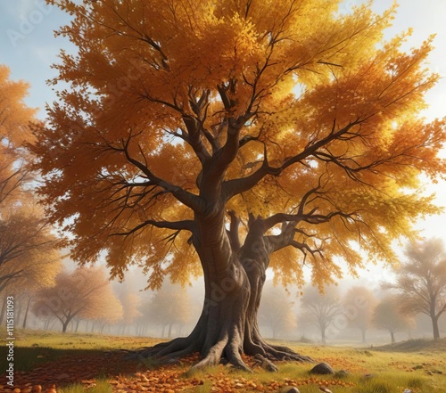 Mature deciduous tree in autumn with its fruit falling from the branches, algarroba, branch photo