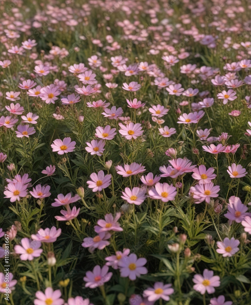 A field of delicate pink wildflowers with yellow markings on their petals , flower photography , wildflower fields A field of delicate pink wildflowers with yellow markings on their petals , flower photography , wildflower fields