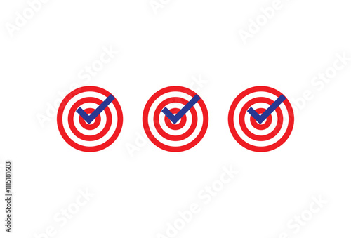 Three red target icons with blue checkmarks, symbolizing goal achievement on a white background