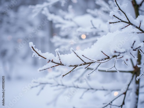 Close up image of a snow covered tree in a winter wonderland setting, snow covered, white photo