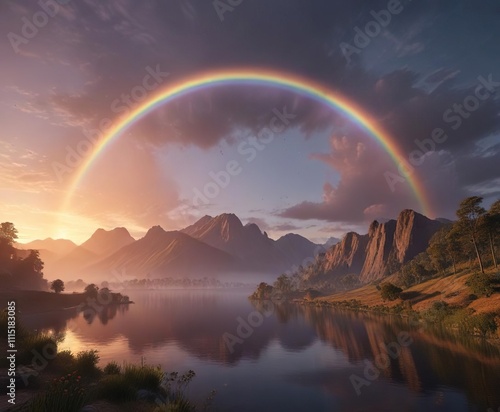 Gradual transition from day to night with rainbows , natural scenery, gradual transition, calming effect photo