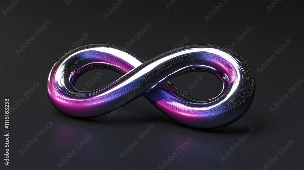 Fototapeta premium 3D holographic infinity symbol, silver and purple gradient, high resolution, glowing edges, black background, 