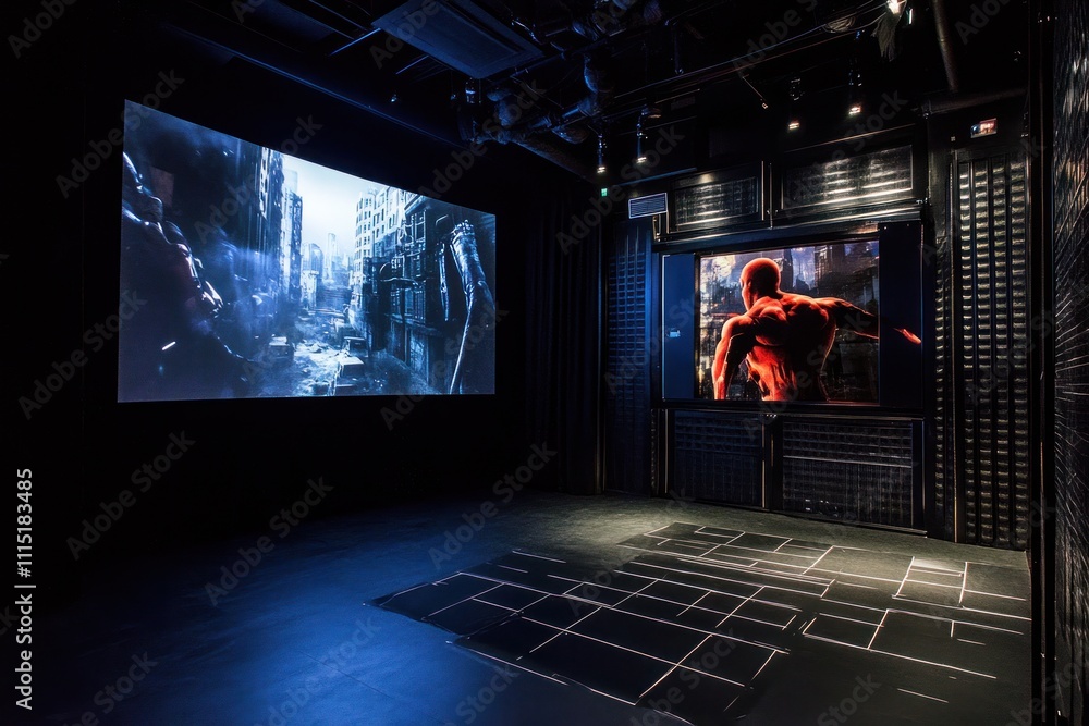 A dark exhibition space featuring large screens displaying digital artwork. A dark exhibition space featuring large screens displaying digital artwork.