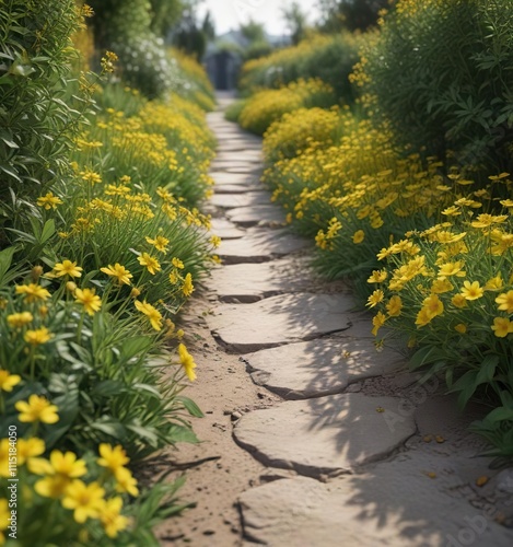 Garden path lined with yellow St John s Wort flowers, natural beauty, outdoor scenery photo