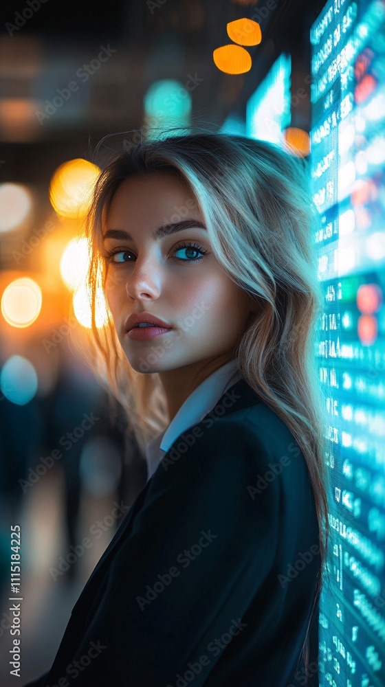 Fototapeta premium Beautiful young woman in a business suit looking at the camera, with a blurred Stock market big screen and people walking in the background. 