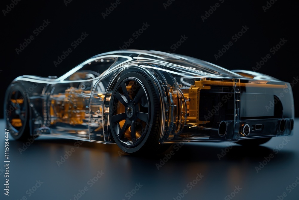 Obraz premium A car is shown in a glass case with a black background
