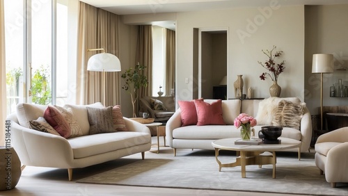 Interior of a living room with chic furnishings and an open doo photo