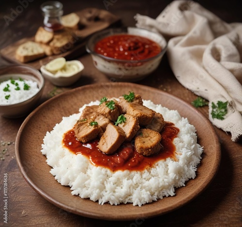 Crispy bread topped with white rice and red sauce, garnished with garlic and veal pieces on a rustic plate background, flavorful sauce, fettah dish photo