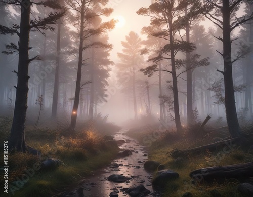 Ethereal glowing streaks in a misty forest at dawn, peaceful environment, gentle hues photo