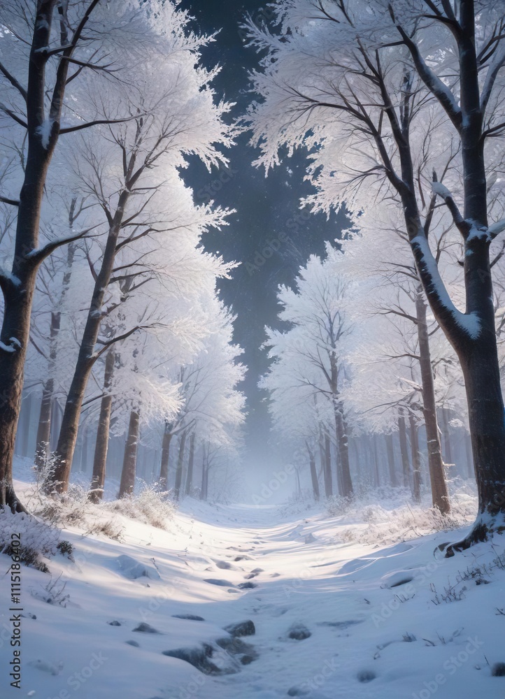 Obraz premium Magical snow-covered forest with glittering trees, shining, serene, winter, snow