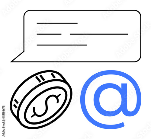 Chat bubble, coin with dollar sign, and blue email at symbol represent online messaging and e-commerce. Ideal for finance, technology, digital communication, online business, e-commerce, financial