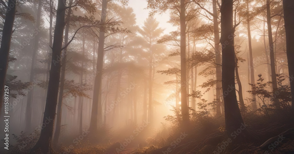 Naklejka premium Soft focus, warm-toned image of a foggy forest with subtle light leak blur, forests , soft focus