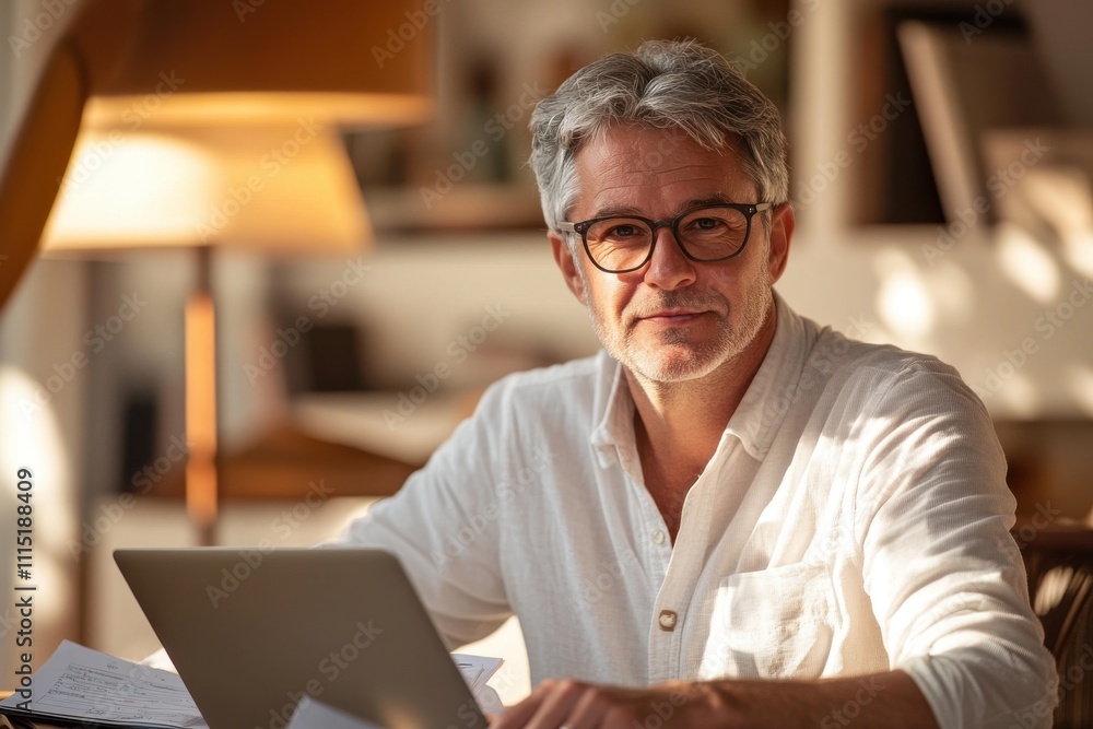 Middle-aged professional silver hair glasses white casual shirt home office laptop computer Middle-aged professional silver hair glasses white casual shirt home office laptop computer